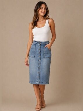 EVEREVE Ever Denim Midi Skirt Button‎ Front Light Wash Size 31
